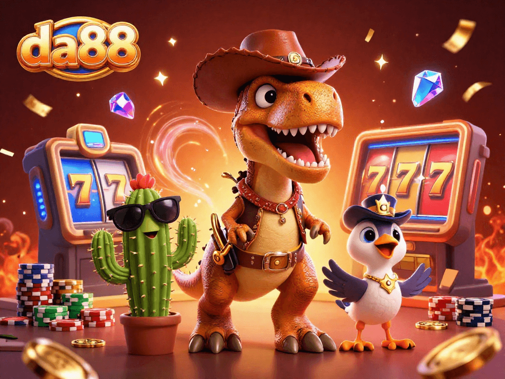 Enjoy thrilling casino action with da88 as a T-Rex cowboy spins slot reels with poker chips and confetti.