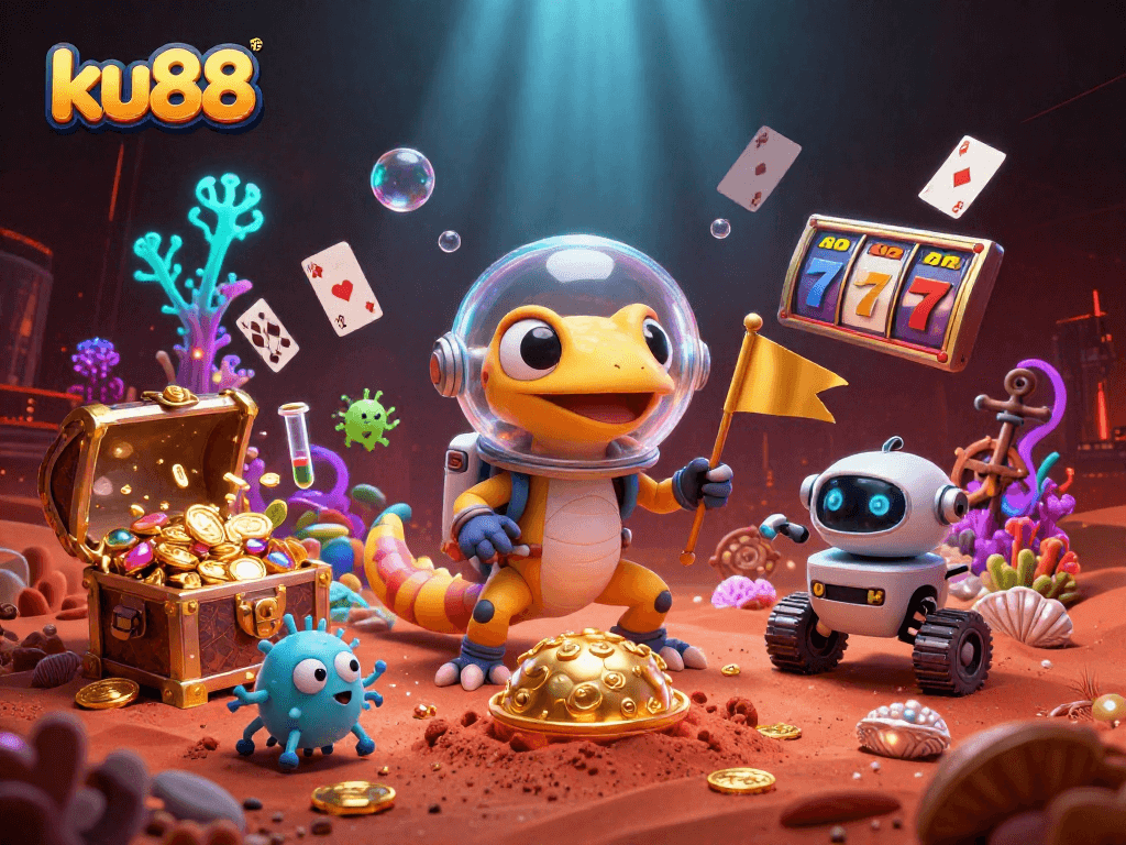 Join the Martian gecko at ku88's golden casino adventure filled with vibrant slot reels and treasures.