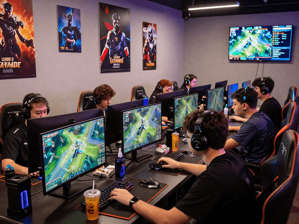 Permainan kangbet di turnamen lokal dengan gamer fokus dan makanan ringan.