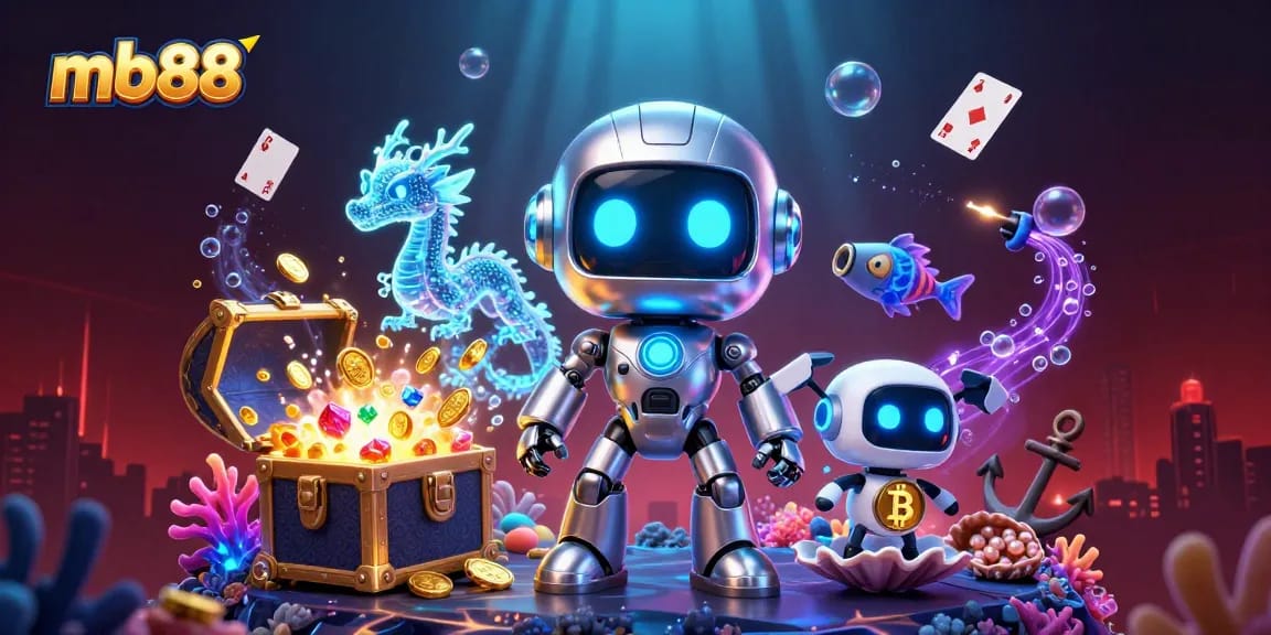 Khám phá trải nghiệm mb88 với robot cyberpunk và rồng AI trong sòng bạc ảo.