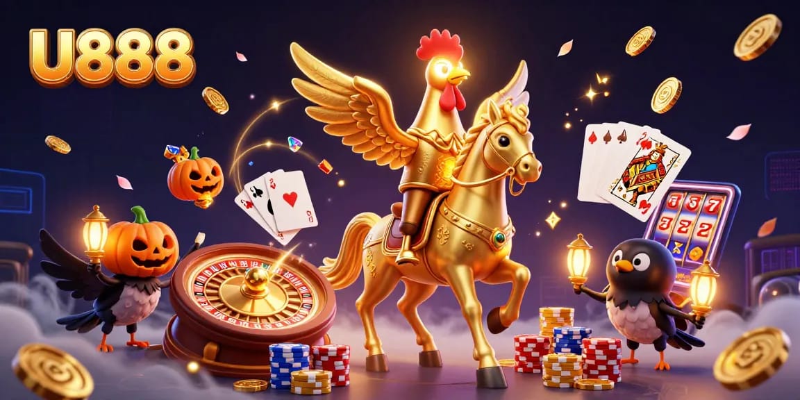 U888 illuminates the casino scene with golden rooster, spinning roulette, and vibrant gambling elements.