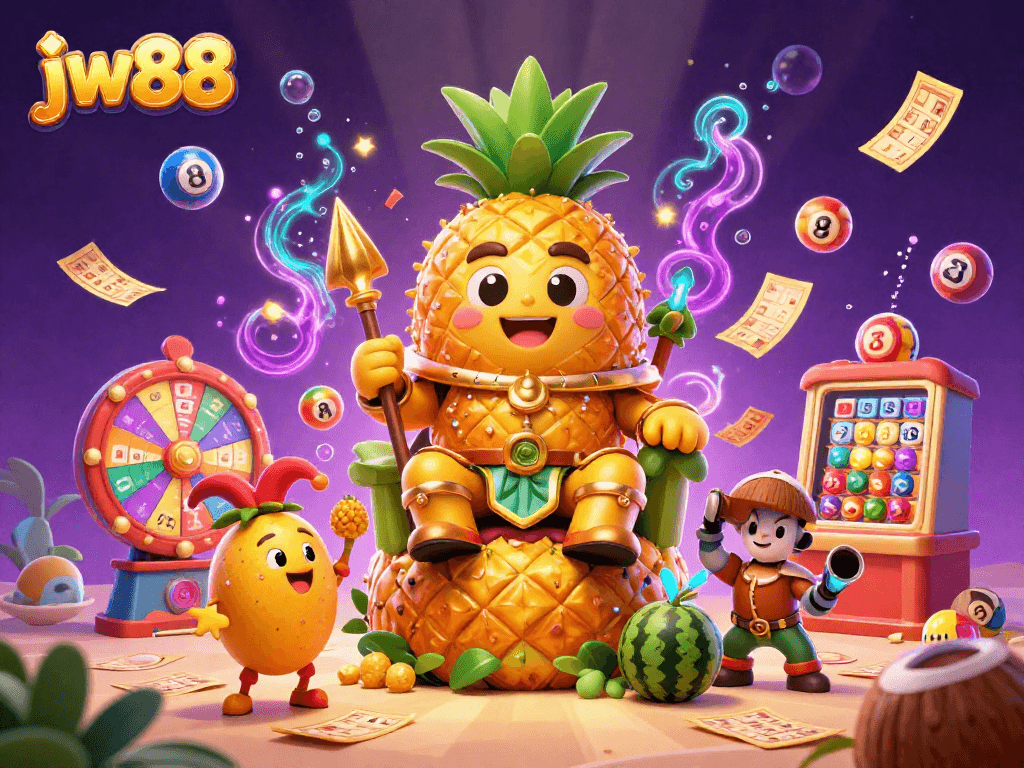 Experience the vibrant world of jw88 with a golden pineapple king and dynamic casino games in action.