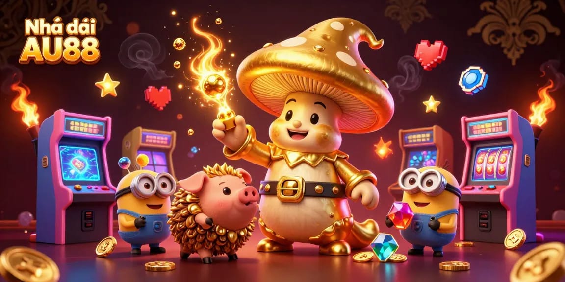 Engage with Nhà cái AU88's vibrant 3D casino scene featuring magical characters and dynamic gaming elements.