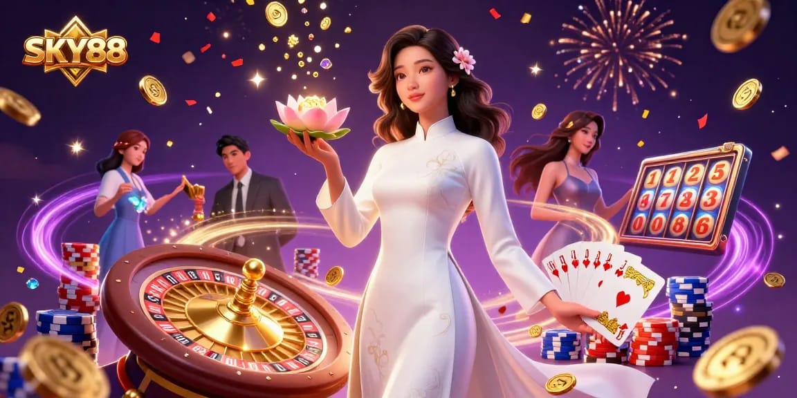 Experience winning at SKY88 with elegant casino visuals featuring poker chips, gold coins, and dynamic game elements.