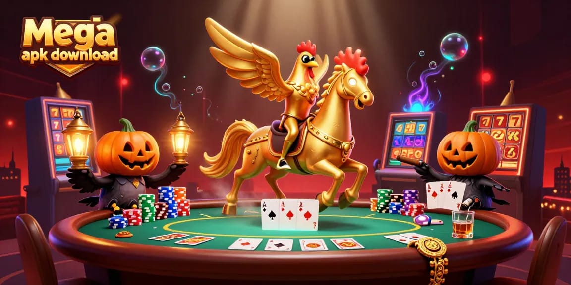 Experience mega apk download in vibrant casino scenes with glowing symbols and characters.
