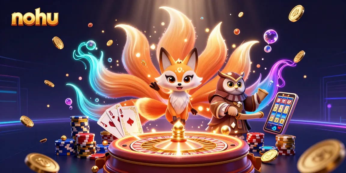 Nohu showcases an enchanting scene with a colorful nine-tailed fox spirit, wise owl, and dazzling casino elements.