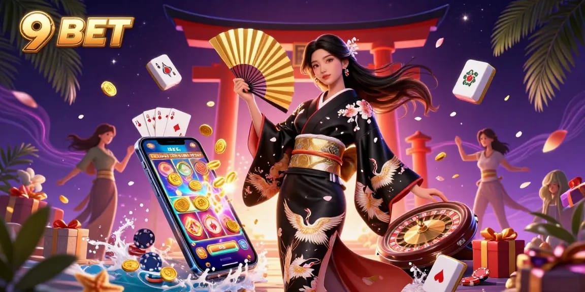 Experience the thrill of 9BET with a captivating casino scene featuring an elegant woman and iconic gambling elements.