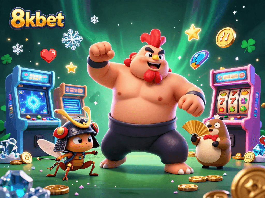Engage in thrilling gaming with 8kbet, featuring vibrant slot machines and action-packed characters.