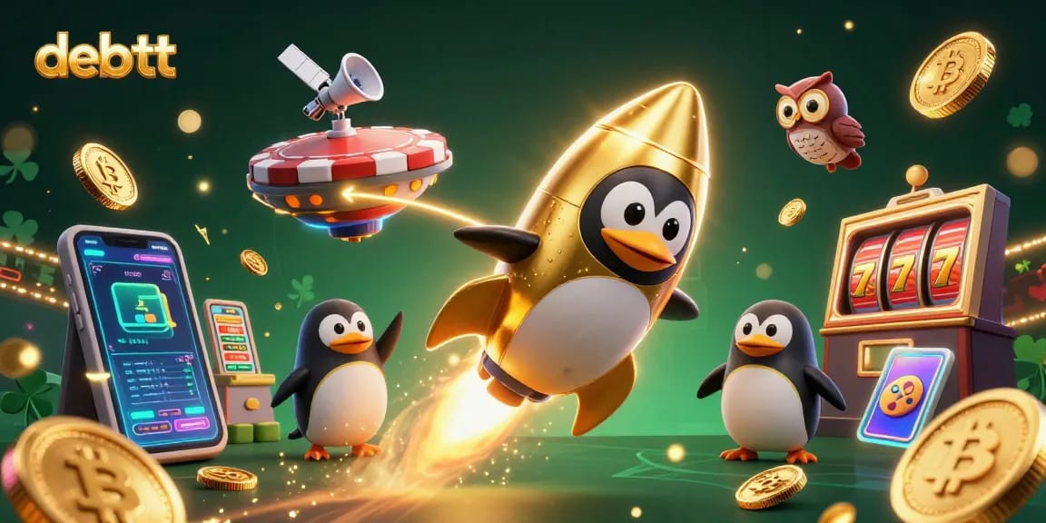 Experience betting adventures with debett's thrilling casino-themed 3D illustration featuring a golden penguin.