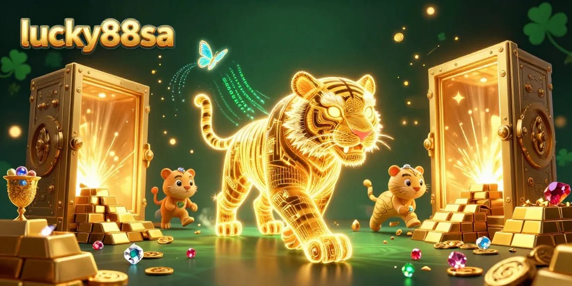 Immerse in the vibrant lucky88sa casino scene where a golden tiger illuminates the digital landscape with treasures and holographic butterflies.