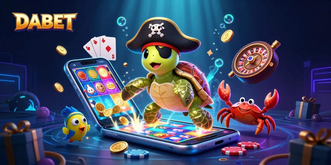 DABET players spin vibrant slot games and win treasures with a pirate turtle and friends.