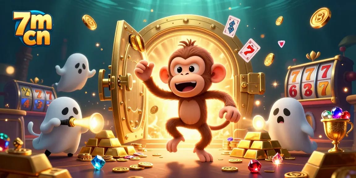 Engage with 7m cn as a playful poltergeist monkey juggles golden casino treasures amidst spooky excitement.
