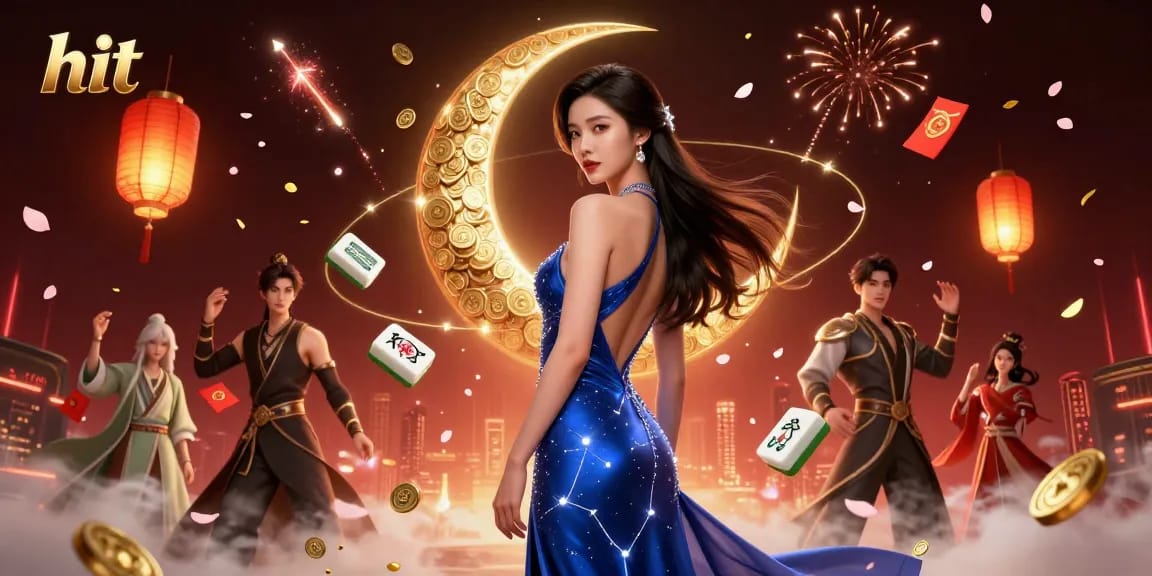 Experience hit excitement at the casino with breathtaking Asian woman in a night-sky themed scene