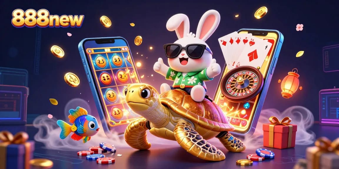 Engage in thrilling gameplay at 888new with a lively scene featuring a lucky rabbit and sea turtle amidst casino elements.