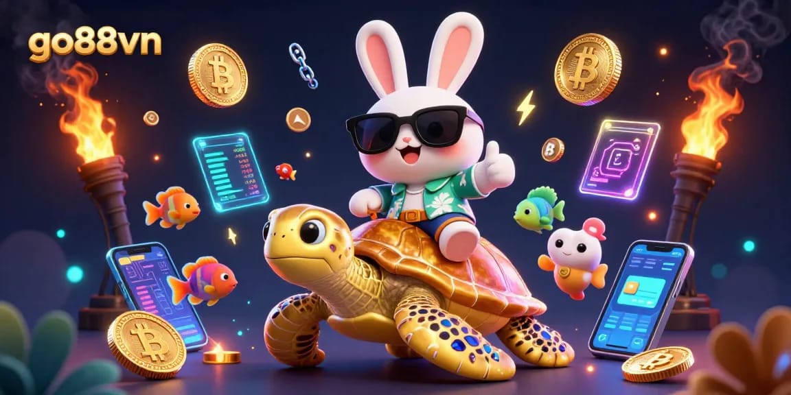 Spin wins at go88vn with a lucky rabbit and golden sea turtle in a vibrant crypto-themed scene.