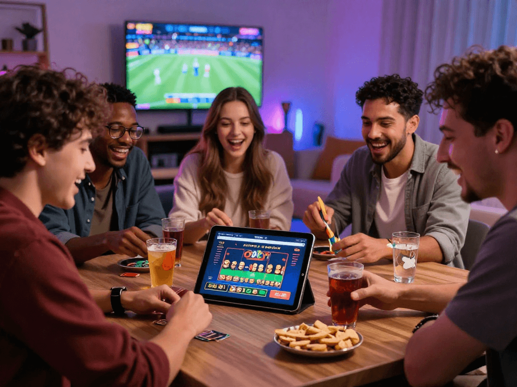 Friends enjoying the trang chủ oxbet interface in a vibrant gaming atmosphere.