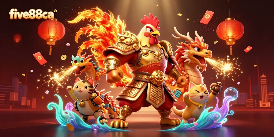 Experience the excitement of five88ca with a vibrant illustration of a rooster warrior and dragon hatchling celebrating winning moments.