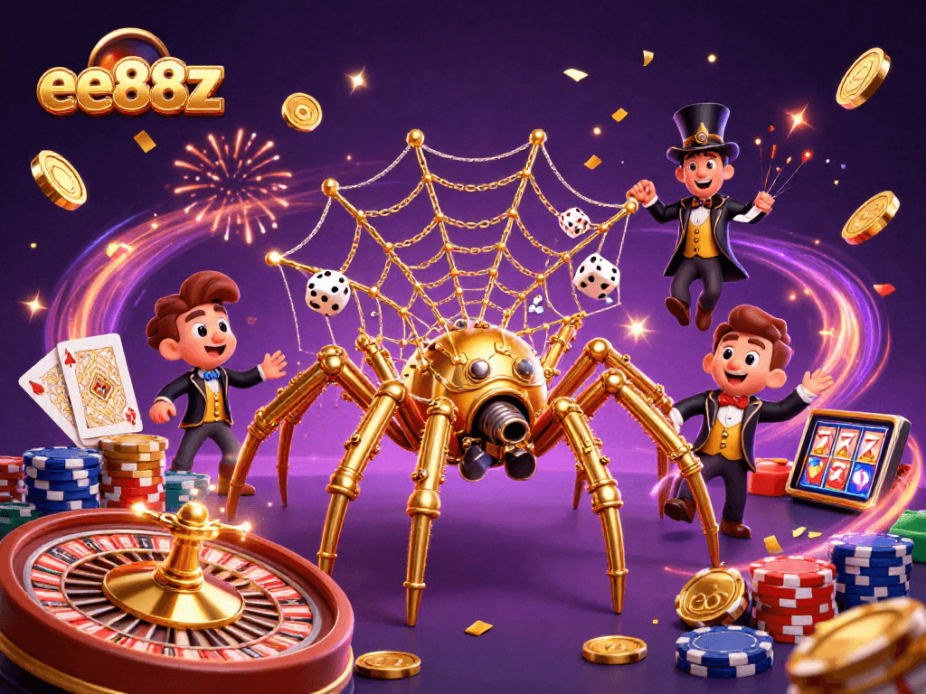 ee88z showcases a lively steampunk casino scene with whimsical characters and dynamic elements.