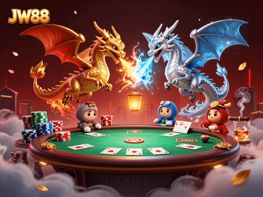 Engage with JW88's thrilling poker dynamics featuring gold and silver dragons amidst vibrant casino elements.