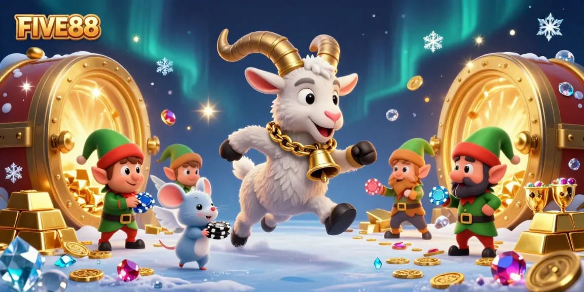Experience the thrill of gambling at FIVE88 Casino with chaotic festive elements and treasure-filled excitement.
