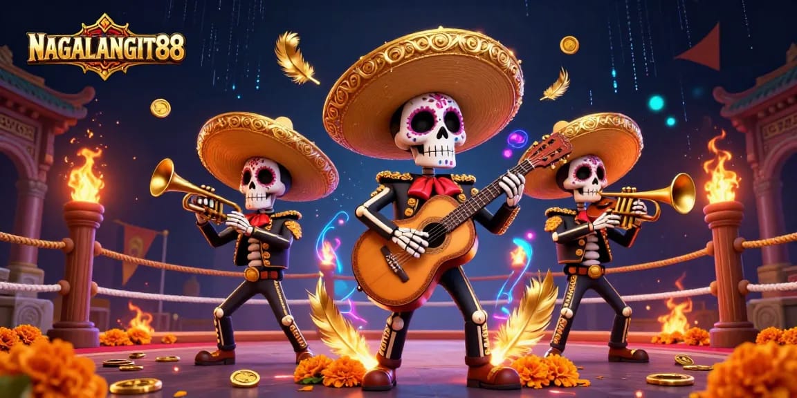 NAGALANGIT88 showcases dynamic action celebrating a vibrant online gaming experience with 3D skeleton mariachi.
