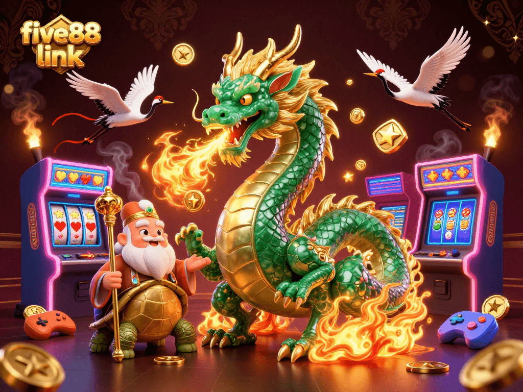 Engage with vibrant action in the five88 link 3D casino realm featuring a jade dragon and arcade elements.