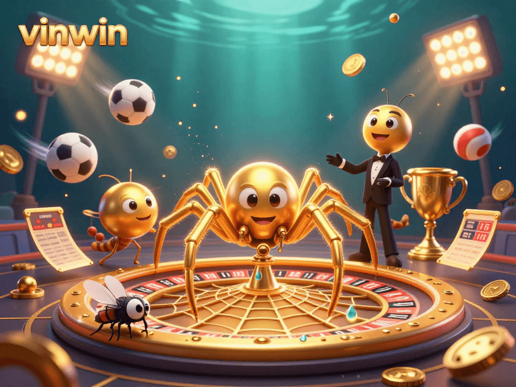 vinwin players enjoy a thrilling gaming experience with golden spider and centipede characters in a vibrant scene.