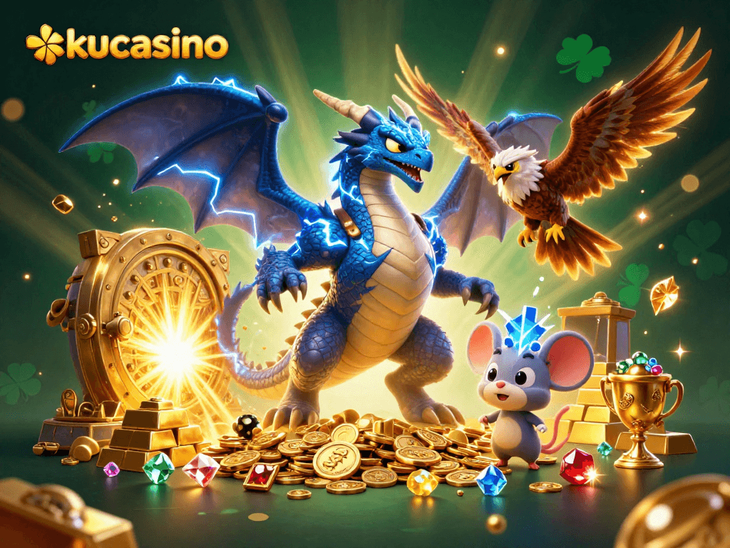 Experience excitement at kucasino with vibrant characters and dazzling treasures in a captivating gambling scene.