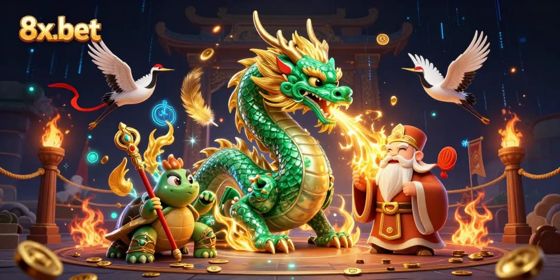 Engage in thrilling gameplay with 8x-bet’s emerald dragon and lucky cranes in a dynamic casino illustration.