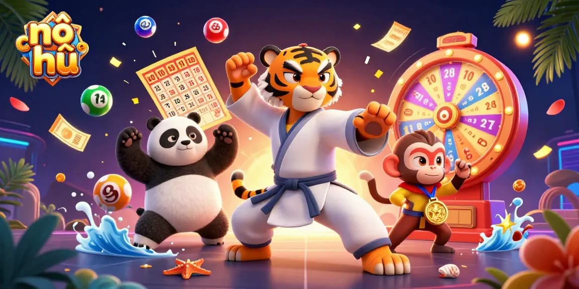 Experience the thrill of nổ hũ with colorful elements surrounding a kung fu tiger, panda, and monkey.