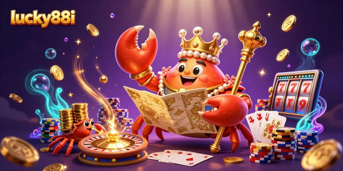 Win big at lucky88i with the golden crab emperor and treasure-filled casino scene