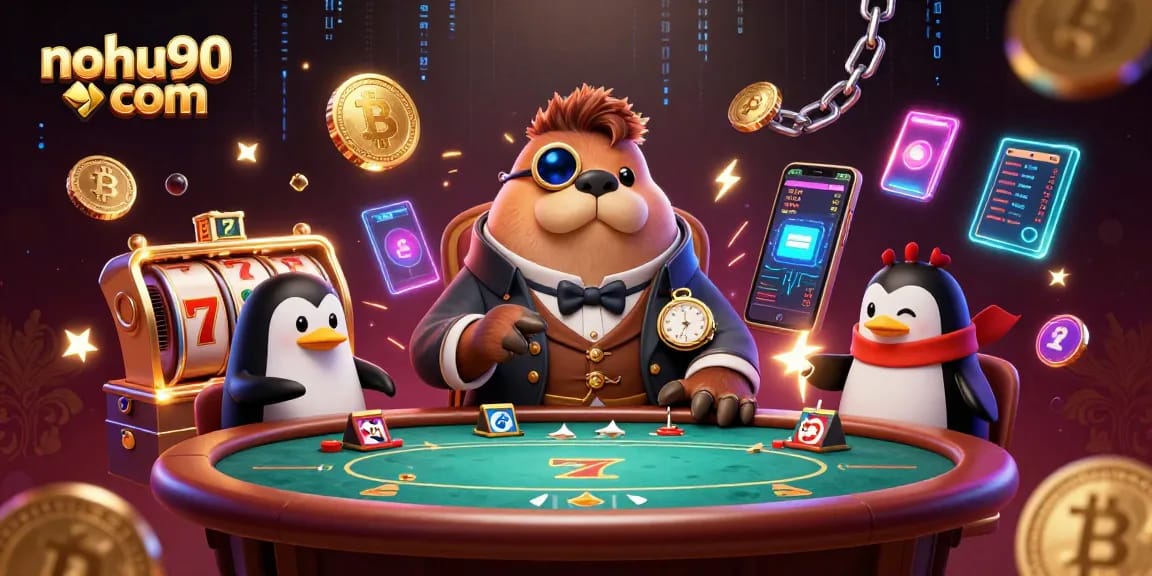 Engage in thrilling gameplay at nohu90 com with 3D illustration of a walrus and penguin at an underwater casino.
