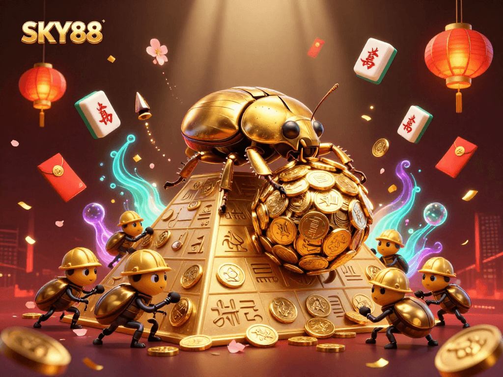 Experience vibrant gameplay with SKY88 amidst floating mahjong tiles, golden coins, and dynamic scenes.