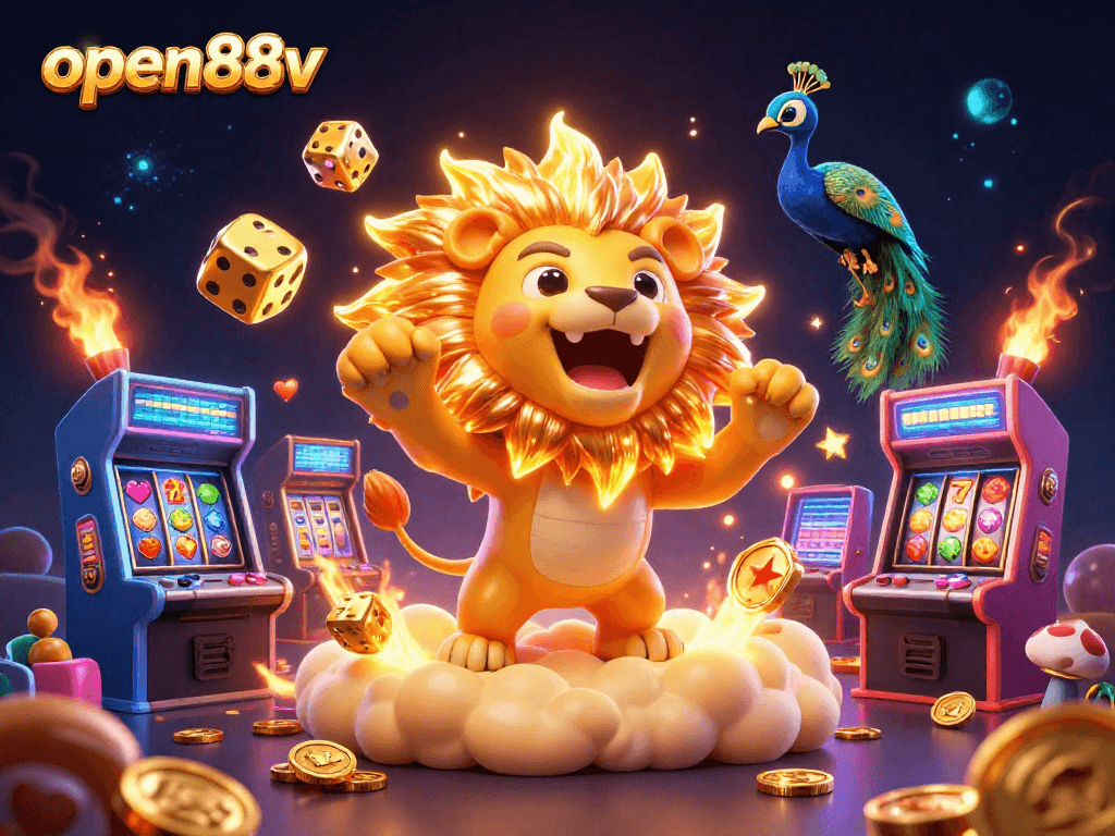 Engage with open88v's vibrant casino world in this colorful 3D illustration featuring playful gaming elements.