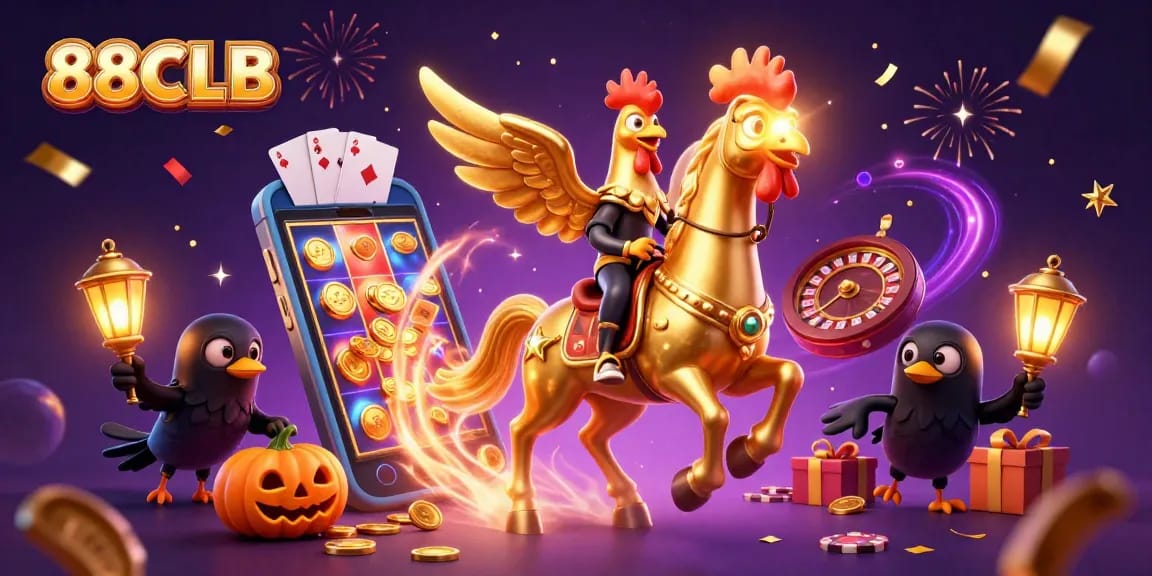 Engage with the thrilling world of 88CLB as the golden rooster rides through a spectacular casino scene.