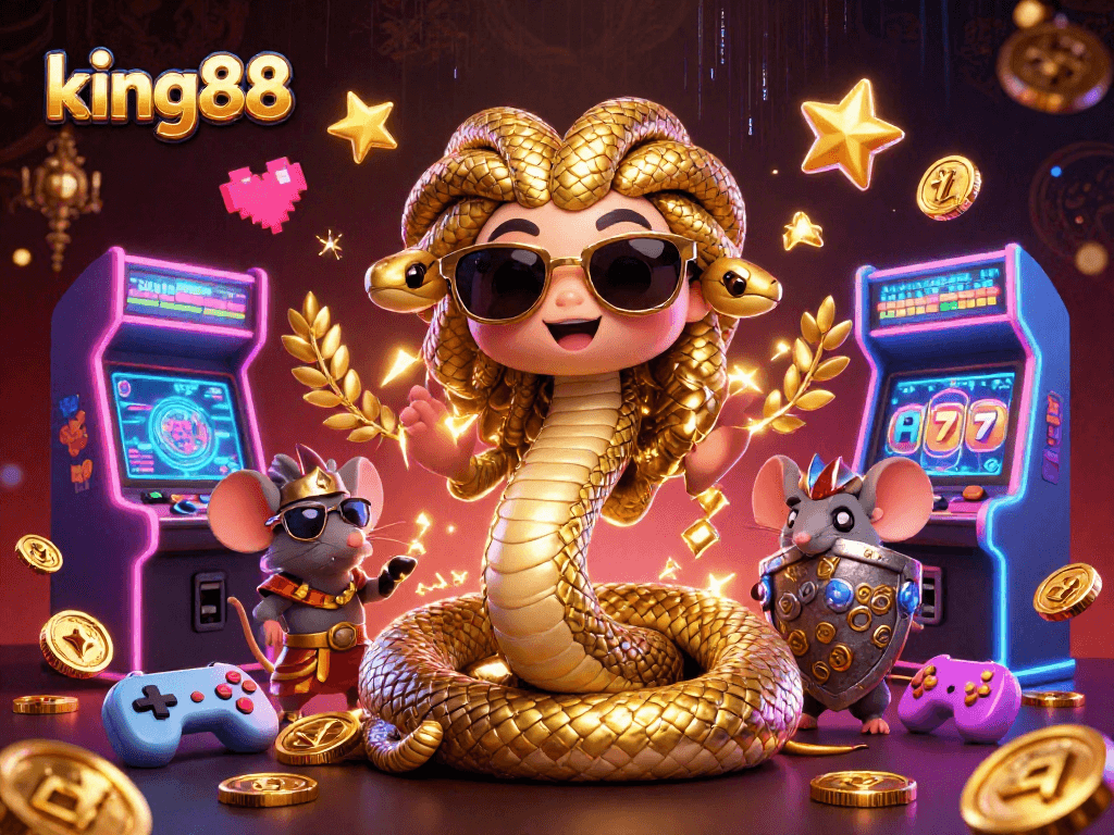 Play king88 in an energetic casino scene with Medusa and a warrior mouse enjoying arcade gaming.