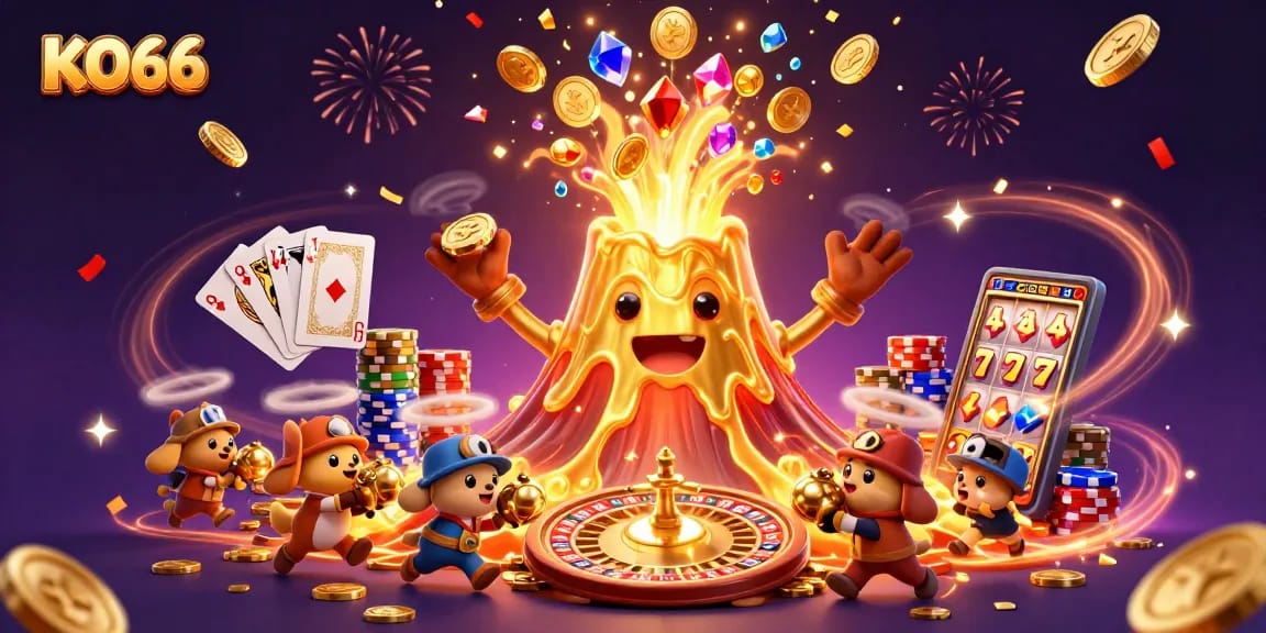 Engage in exciting gameplay adventures with KO66 at this vibrant casino illustration, featuring lively characters and casino elements.