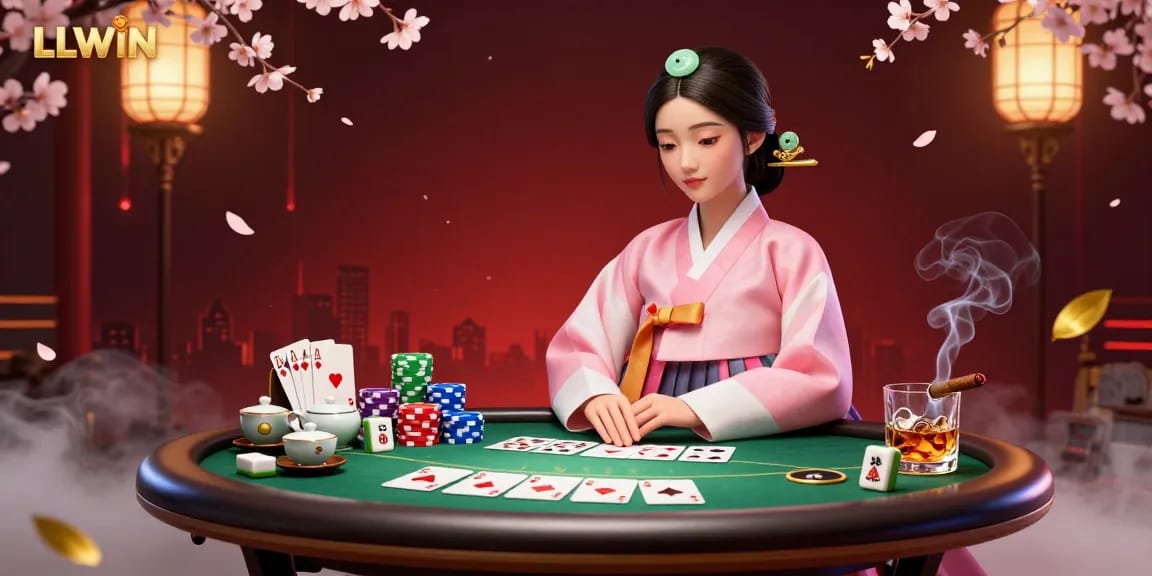 Experience winning hands at LLWIN with a vibrant poker scene featuring a serene Asian woman in traditional attire.