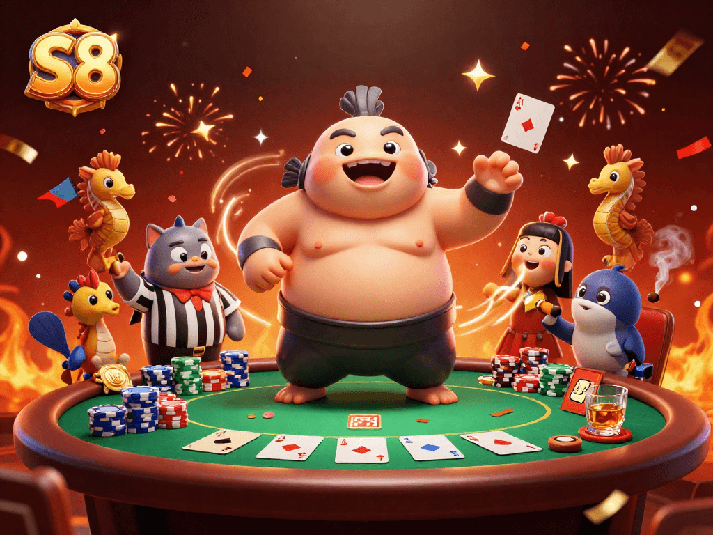 S8 features a thrilling underwater poker scene with a fugu champion, catfish referee, and vibrant chip stacks.