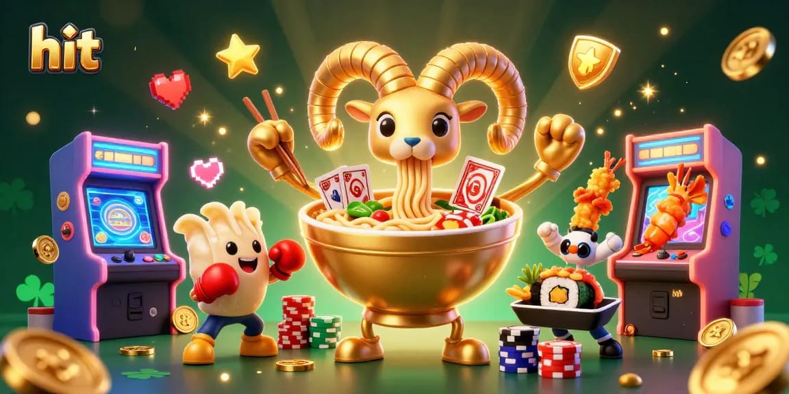 Hit the jackpot with a vibrant 3D casino scene featuring a golden ramen bowl and colorful game elements.