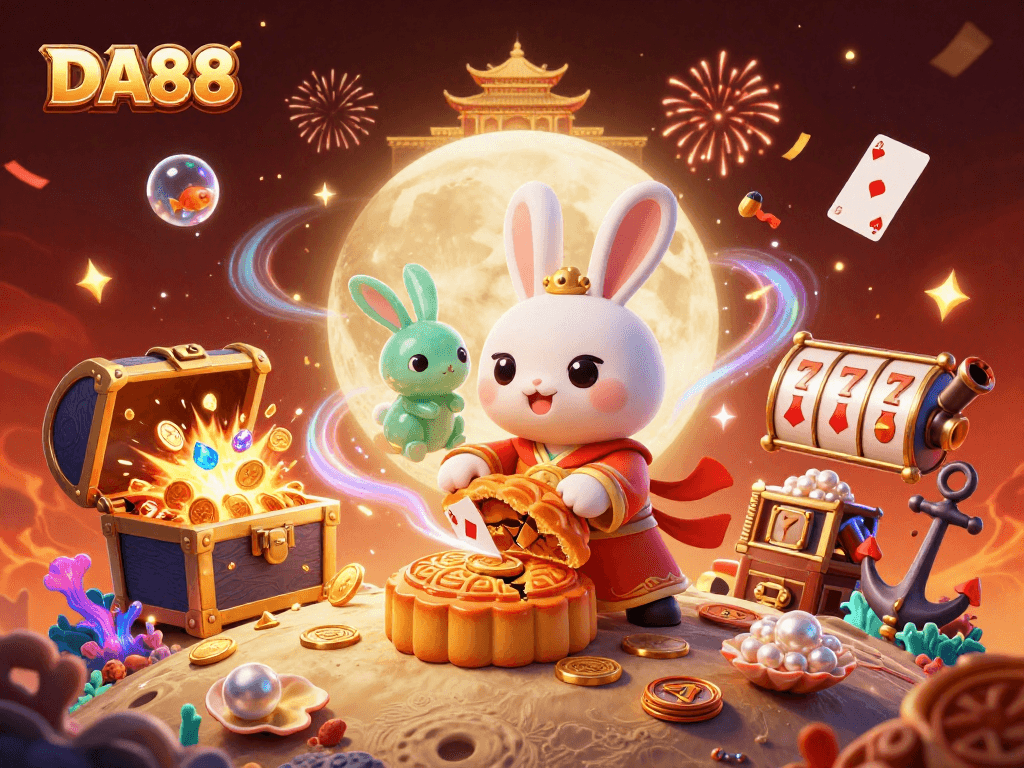 Join the fun at DA88 with a vibrant casino scene showcasing exciting poker and slot elements.