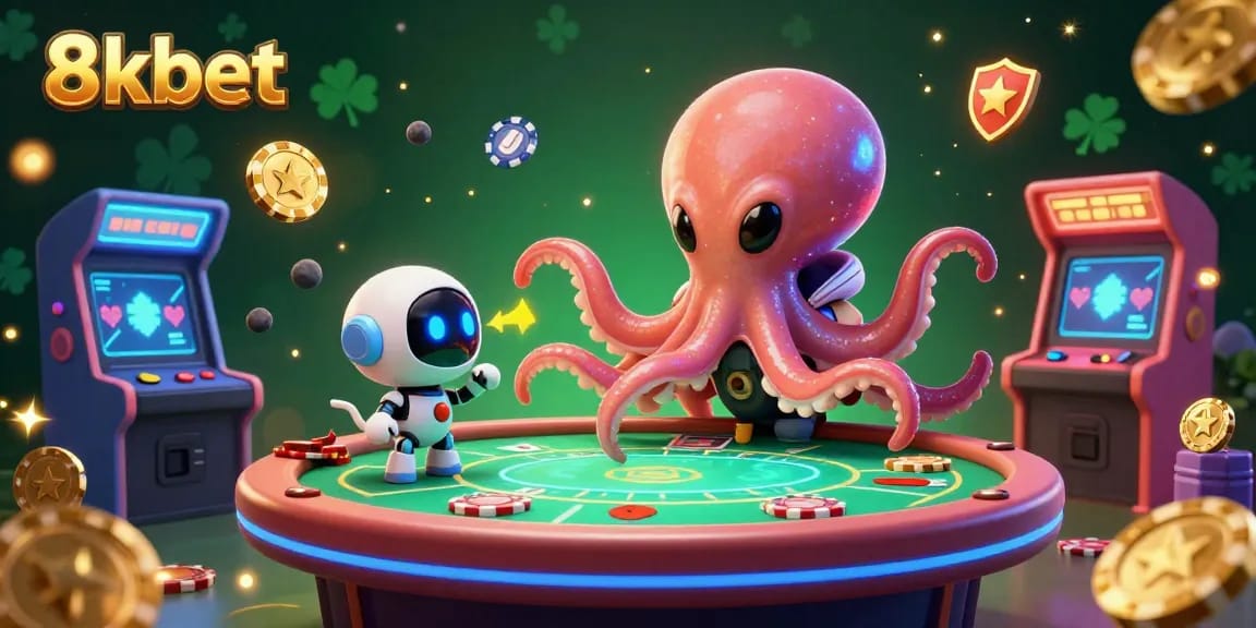 Engage with 8kbet's vibrant alien casino scene featuring holographic poker and dynamic game elements.