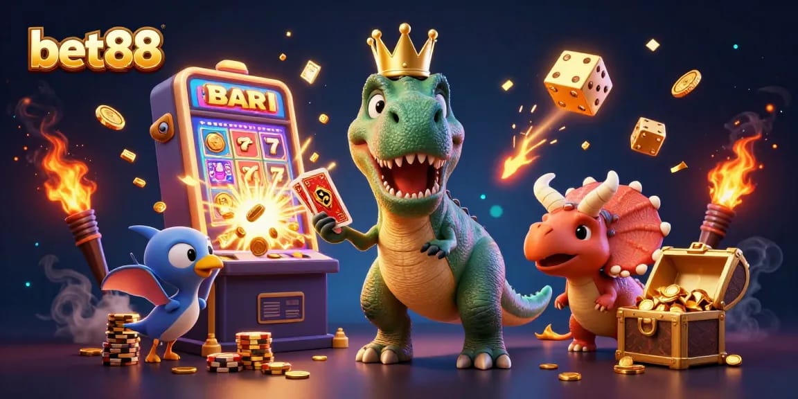 Experience thrilling gameplay at bet88 with a fun T-Rex, cards, and jackpot excitement!