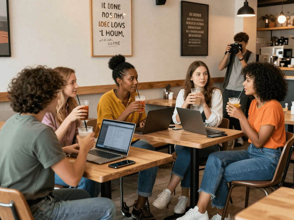 F168 online dating scene with diverse singles connecting in a cozy café setting.