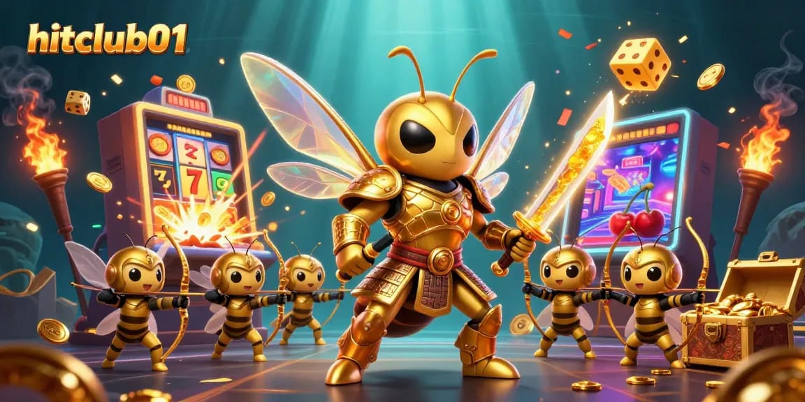 Experience thrilling games at hitclub01 with a golden hornet samurai battling for jackpots amidst vibrant casino visuals.