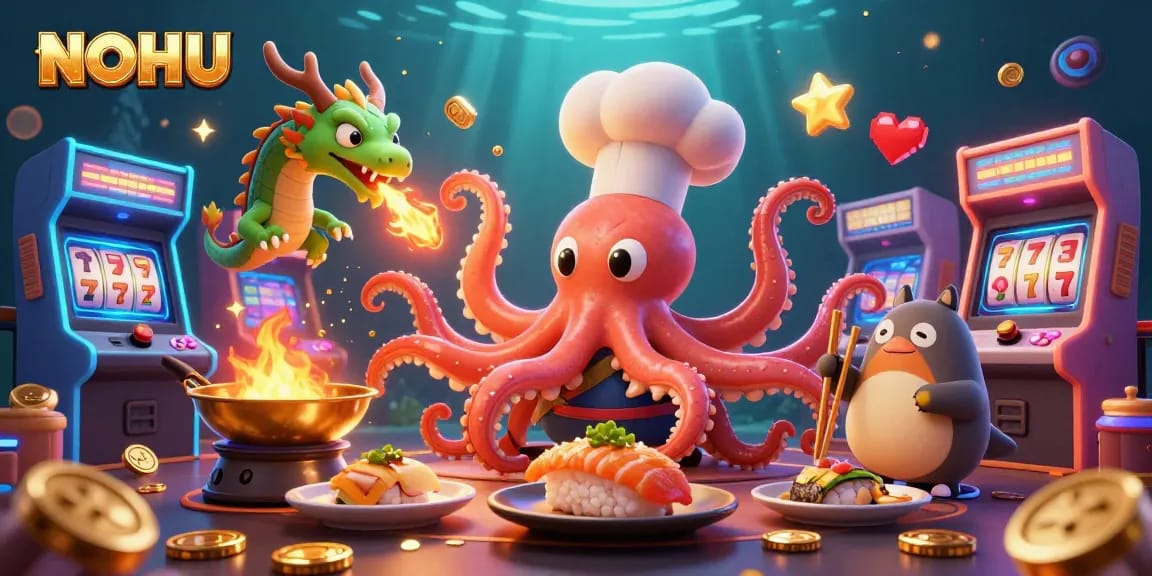 Experience thrilling gameplay at NOHU with vibrant 3D characters in a dynamic casino scene.