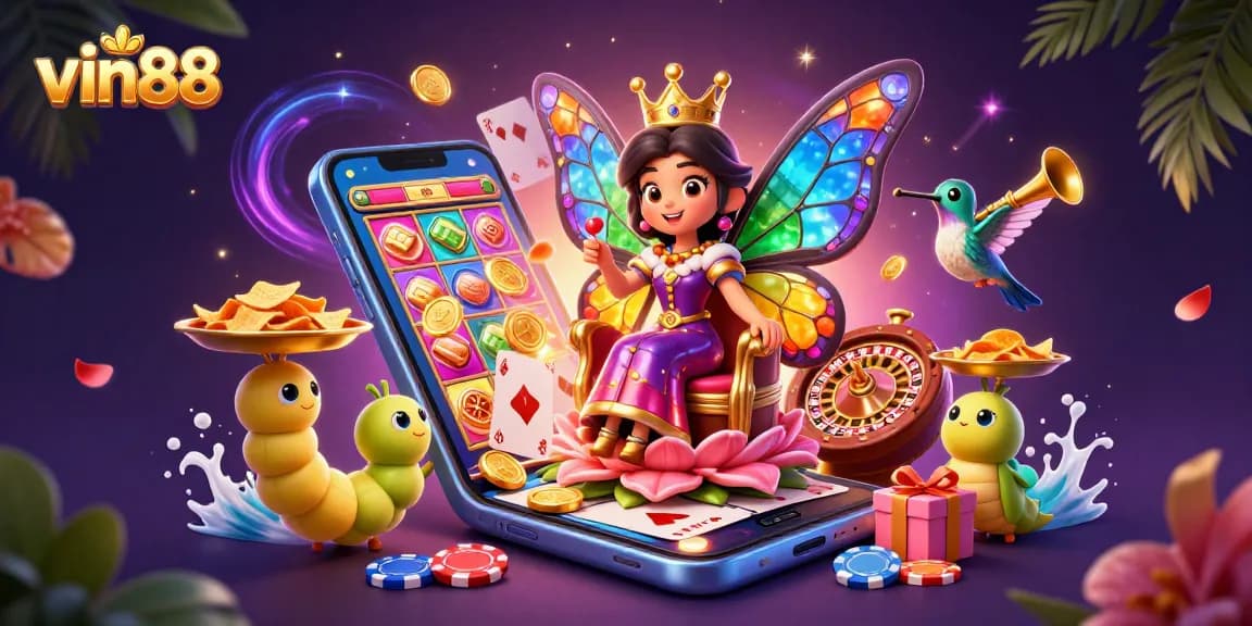 Experience vibrant rewards at vin88 with a dazzling butterfly queen and casino elements in a rich 3D scene.