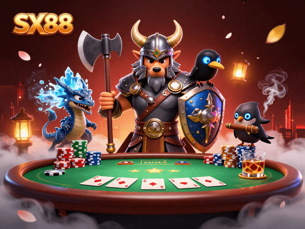 SX88 casino scene featuring a Viking wolf warrior, dragon, and raven alongside poker elements.