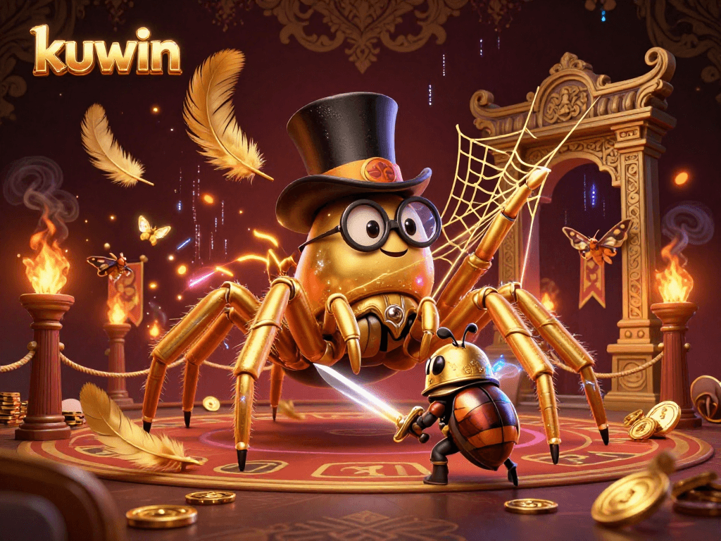 Kuwin's vibrant casino illustration showcases a golden tarantula, beetle knight, and moth spectators in a rich gambling scene.