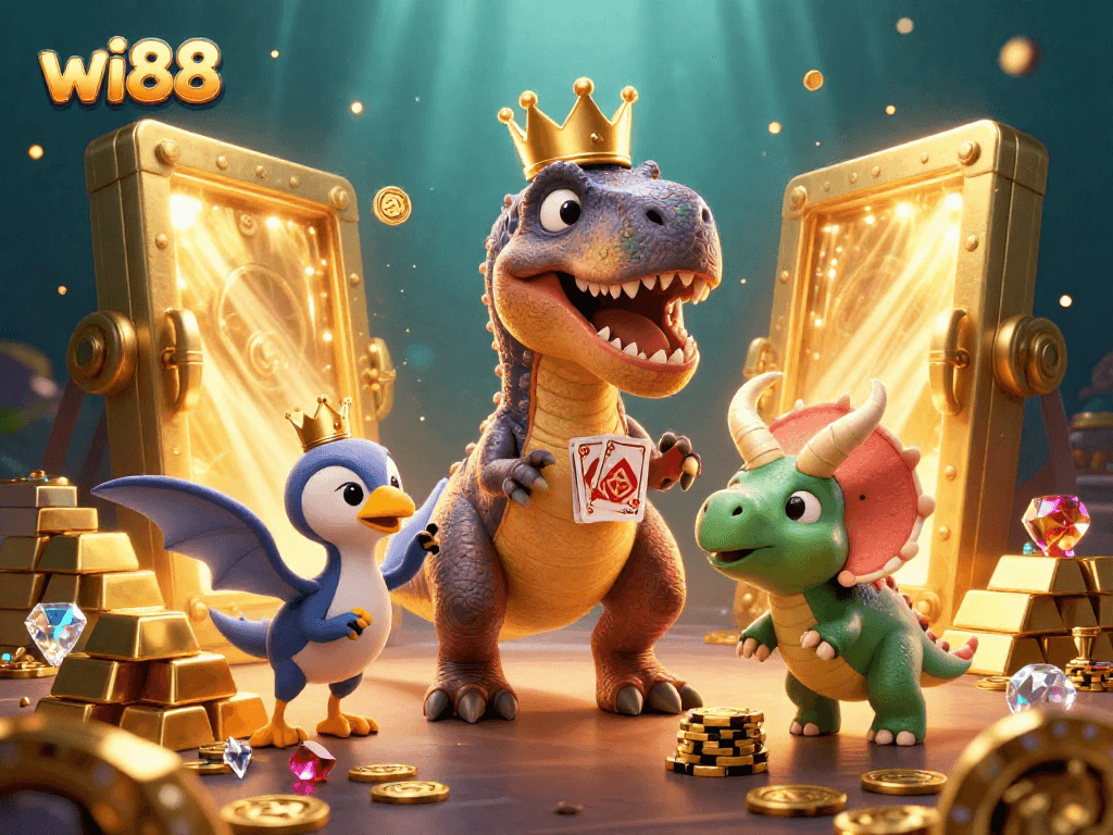 wi88 engages players with fun casino activities featuring a T-Rex, assistant pterodactyl, and golden stacks of chips.